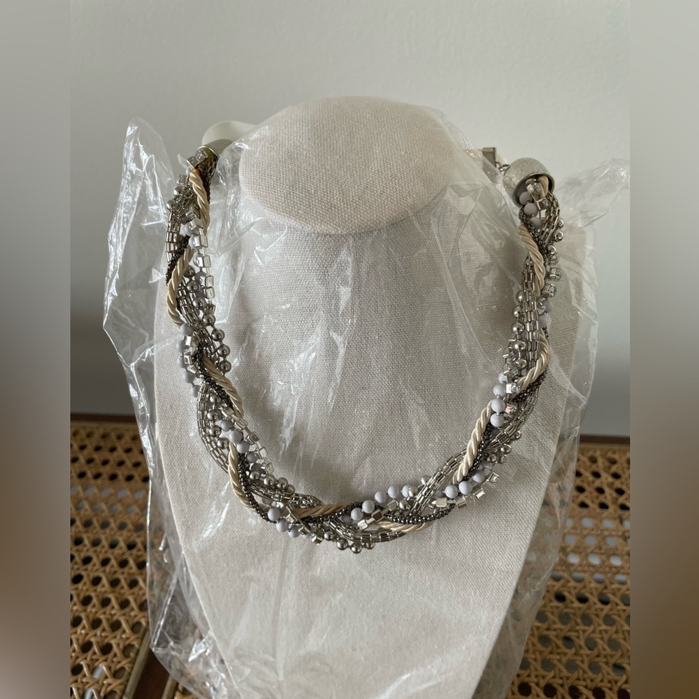 Elegant Braided Silver Tan and Pearl Satin Ribbon Necklace